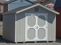 10x12 Front Entry Peak Style Storage Shed with Light Grey Engineered LP Smart Side Siding, White Trim, Double Doors, and Gable End Vents