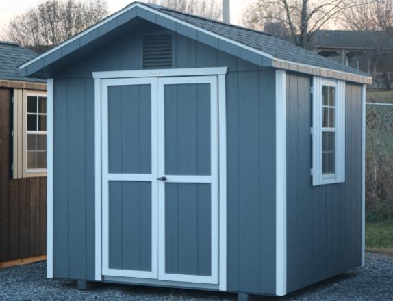 Pine Creek 8x8 HD Peak with Dark Gray walls, White trim and White shutters, and Pewter shingles